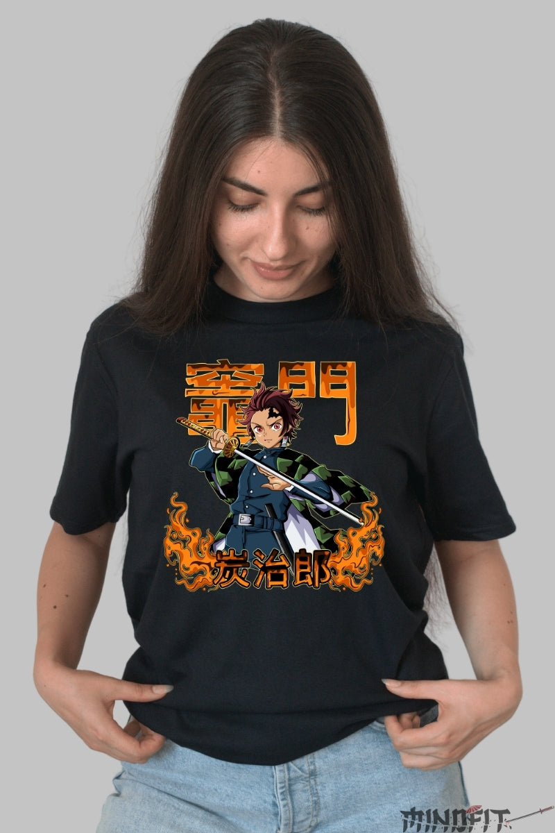 Tricou Anime Demon Slayer - Tanjiro Flame Blade dama negru