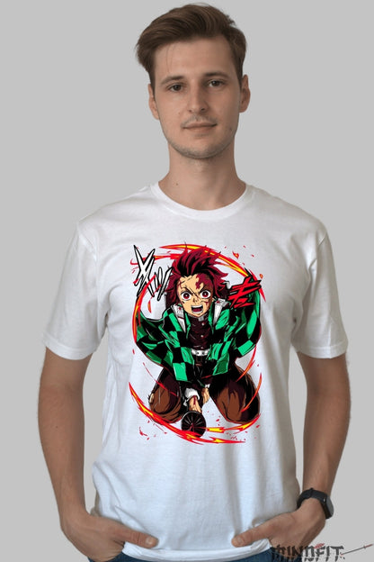 Tricou Anime Demon Slayer - Tanjiro Flame Breathing barbat alb