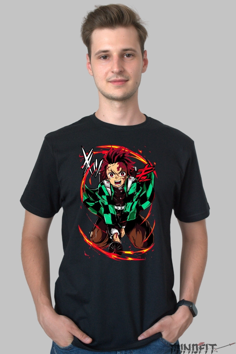 Tricou Anime Demon Slayer - Tanjiro Flame Breathing barbat negru