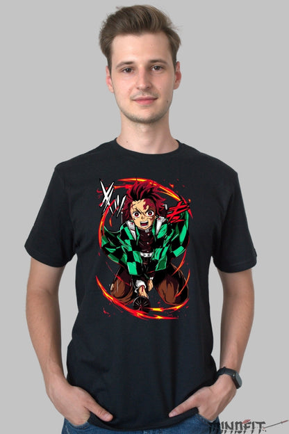 Tricou Anime Demon Slayer - Tanjiro Flame Breathing barbat negru