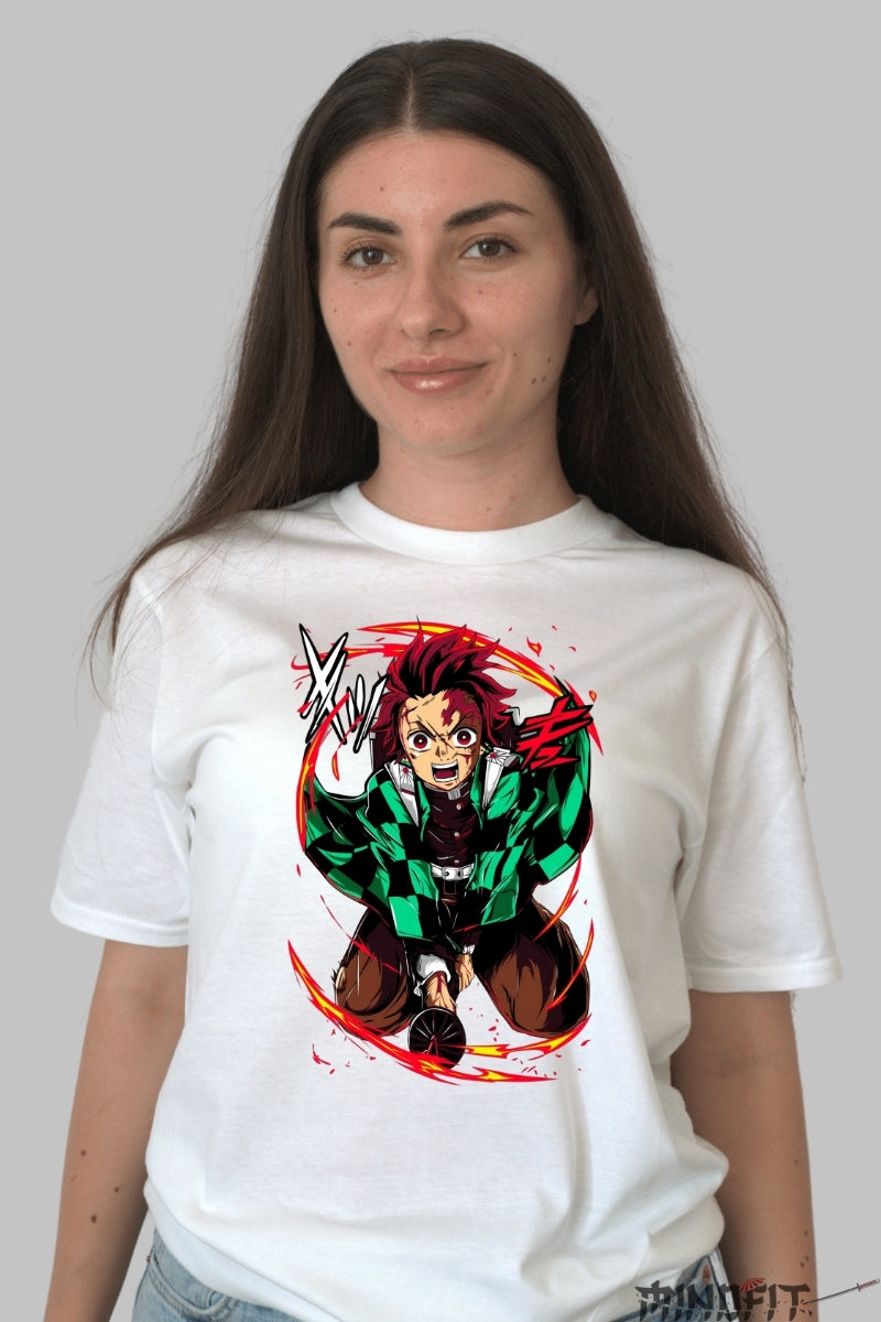 Tricou Anime Demon Slayer - Tanjiro Flame Breathing dama alb