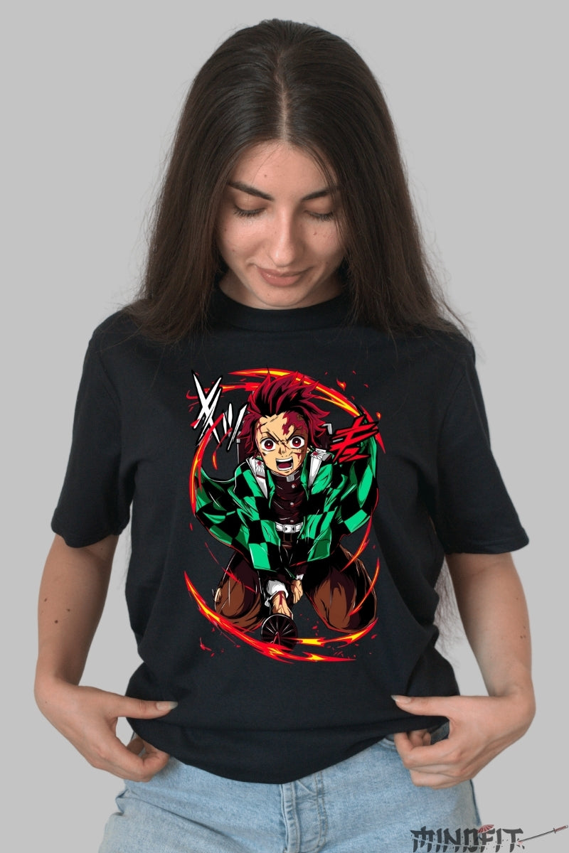 Tricou Anime Demon Slayer - Tanjiro Flame Breathing dama negru