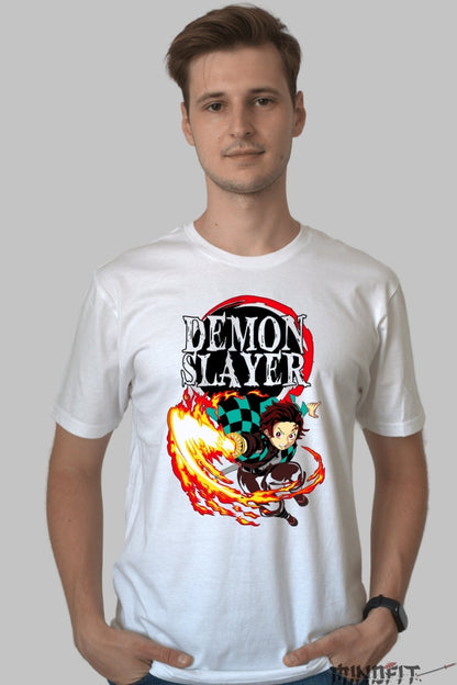 Tricou Anime Demon Slayer - Tanjiro Flame Slash barbat alb