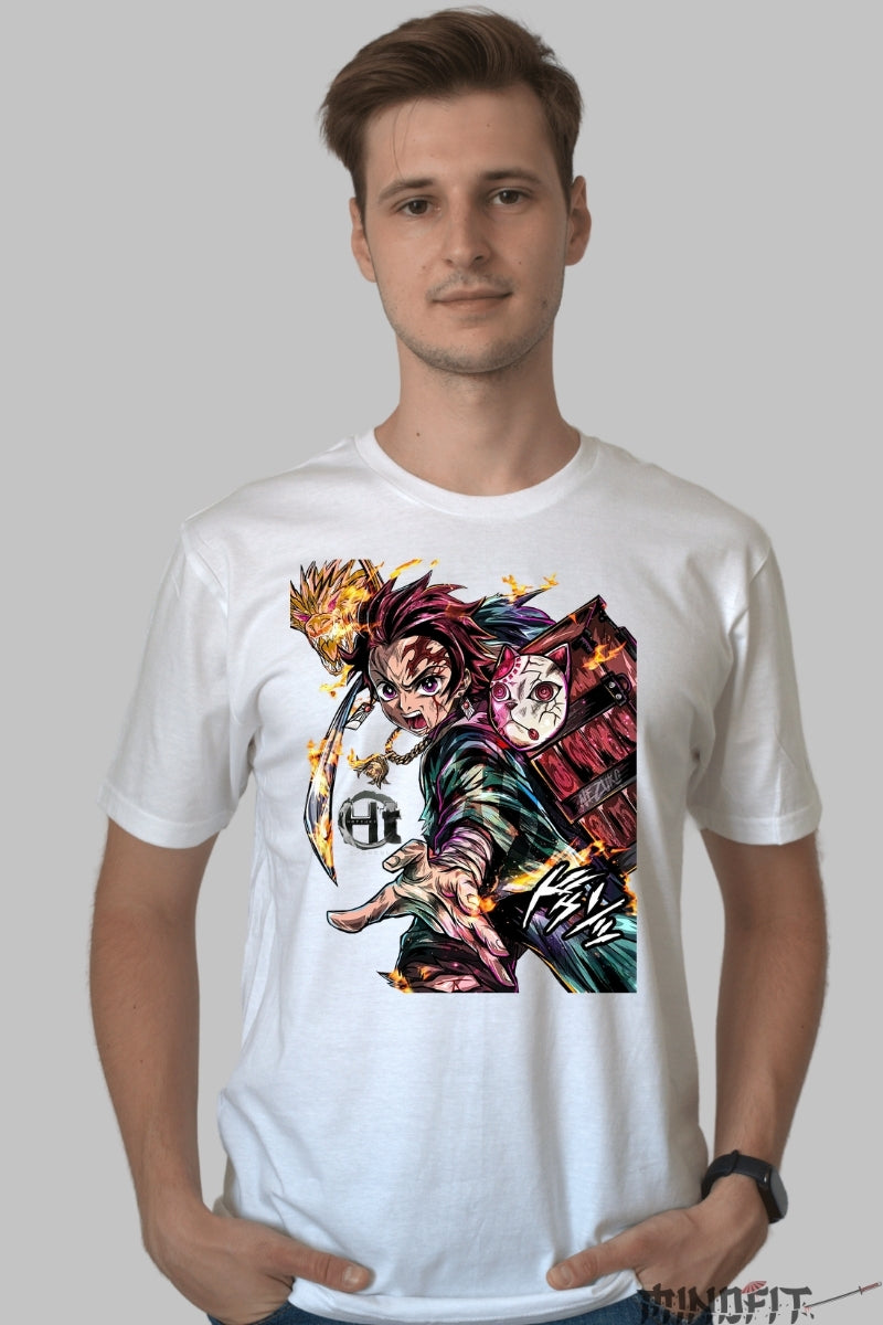 Tricou Anime Demon Slayer - Tanjiro Flame Strike barbat alb
