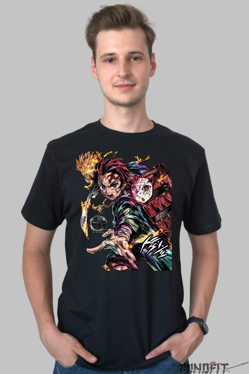 Tricou Anime Demon Slayer - Tanjiro Flame Strike barbat negru