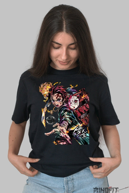 Tricou Anime Demon Slayer - Tanjiro Flame Strike dama negru