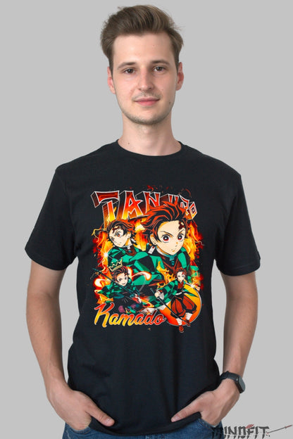 Tricou Anime Demon Slayer - Tanjiro Kamado Flacara Neclintita Barbat Negru