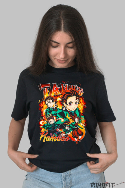 Tricou Anime Demon Slayer - Tanjiro Kamado Flacara Neclintita Dama Negru
