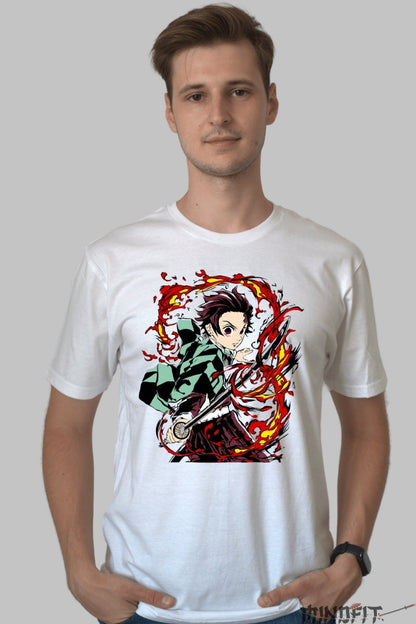 Tricou Anime Demon Slayer - Tanjiro Kamado Flame Strike barbat alb