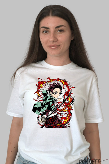Tricou Anime Demon Slayer - Tanjiro Kamado Flame Strike dama alb