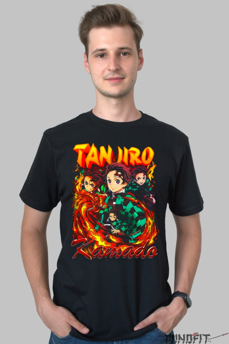 Tricou Anime Demon Slayer - Tanjiro Kamado Vortex de Flacari Barbat Negru