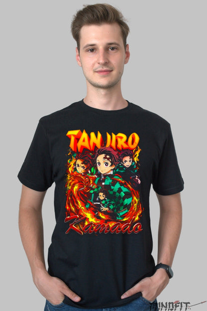 Tricou Anime Demon Slayer - Tanjiro Kamado Vortex de Flacari Barbat Negru