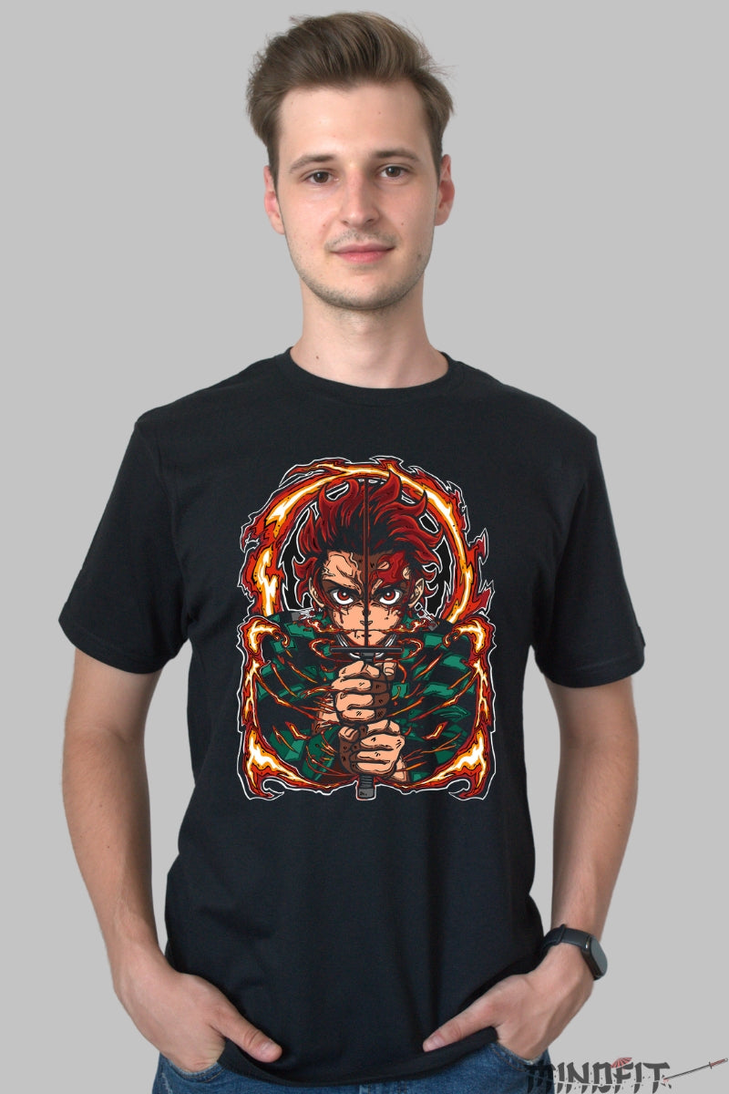 Tricou Anime Demon Slayer - Tanjiro Sabie Invaluita in Flacari Barbat Negru