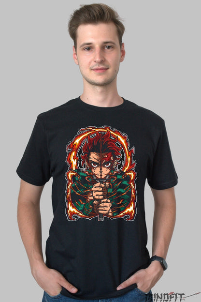 Tricou Anime Demon Slayer - Tanjiro Sabie Invaluita in Flacari Barbat Negru