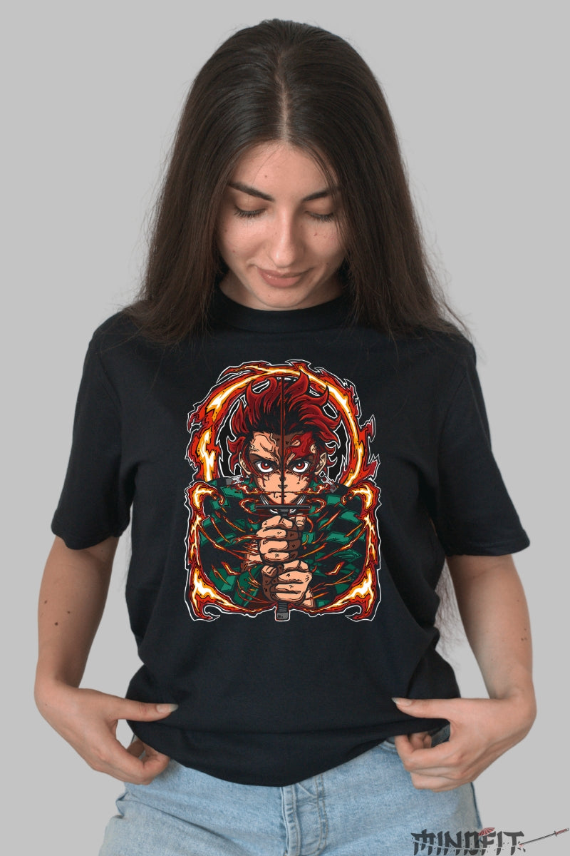 Tricou Anime Demon Slayer - Tanjiro Sabie Invaluita in Flacari Dama Negru