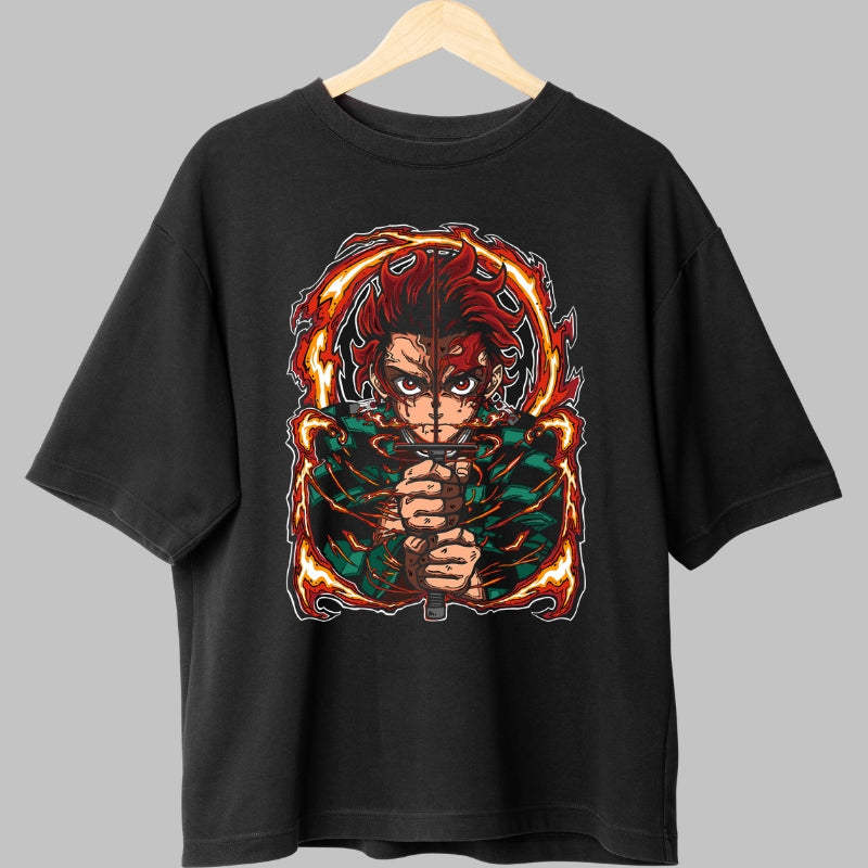 Tricou Anime Demon Slayer - Tanjiro Sabie Invaluita in Flacari Fata