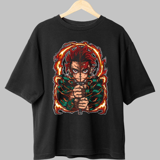 Tricou Anime Demon Slayer - Tanjiro Sabie Invaluita in Flacari Fata