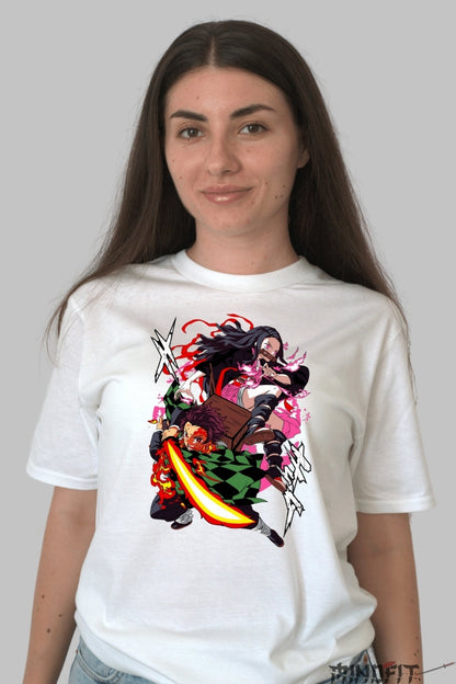 Tricou Anime Demon Slayer - Tanjiro si Nezuko in lupta finala dama alb