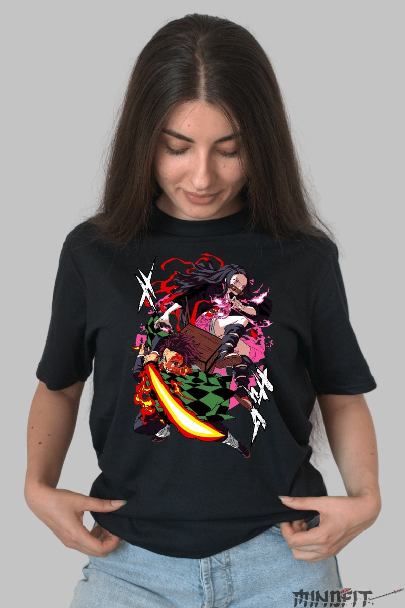 Tricou Anime Demon Slayer - Tanjiro si Nezuko in lupta finala dama negru