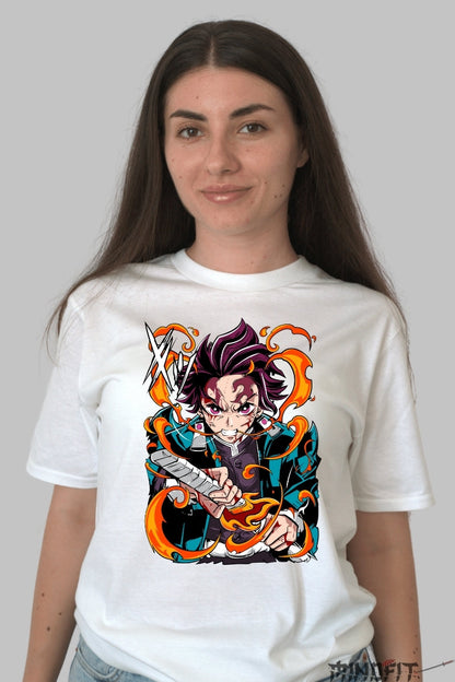 Tricou Anime Demon Slayer - Tanjiro Spiritul Flacarii dama alb