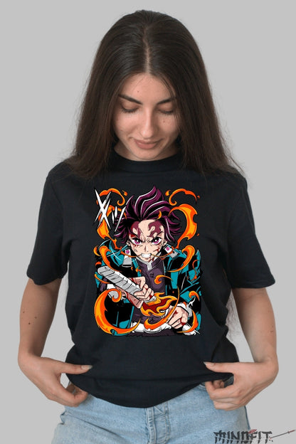 Tricou Anime Demon Slayer - Tanjiro Spiritul Flacarii dama negru