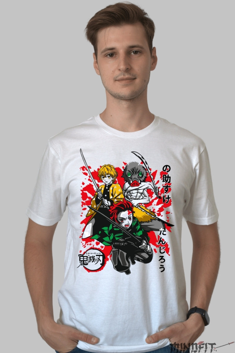 Tricou Anime Demon Slayer - Tanjiro, Zenitsu si Inosuke in lupta barbat alb