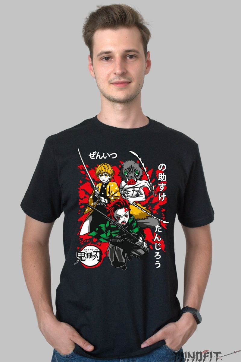 Tricou Anime Demon Slayer - Tanjiro, Zenitsu si Inosuke in lupta barbat negru