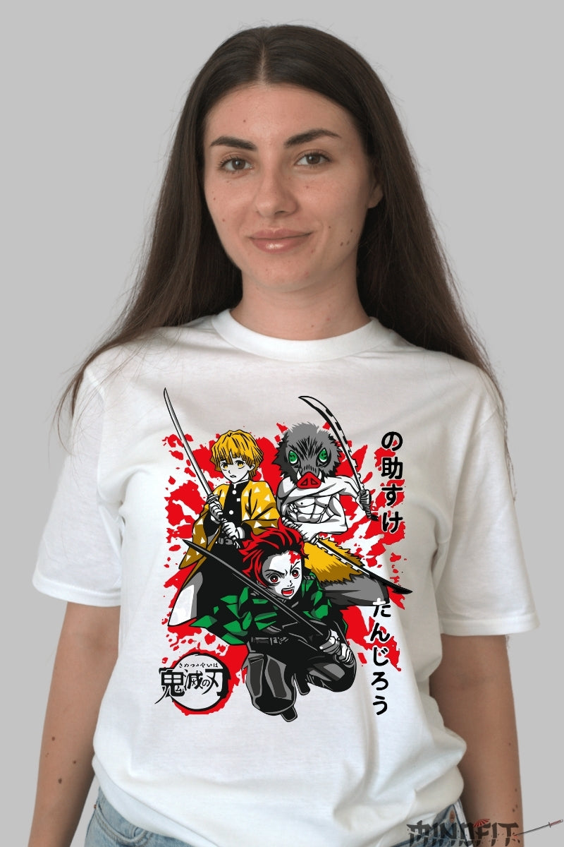 Tricou Anime Demon Slayer - Tanjiro, Zenitsu si Inosuke in lupta dama alb