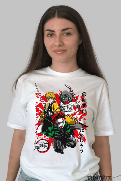 Tricou Anime Demon Slayer - Tanjiro, Zenitsu si Inosuke in lupta dama alb