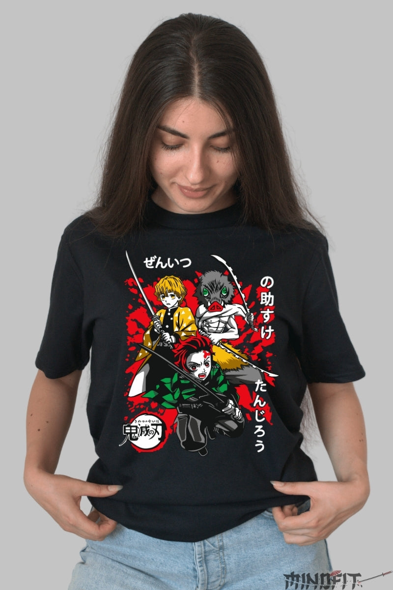 Tricou Anime Demon Slayer - Tanjiro, Zenitsu si Inosuke in lupta dama negru