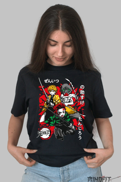 Tricou Anime Demon Slayer - Tanjiro, Zenitsu si Inosuke in lupta dama negru
