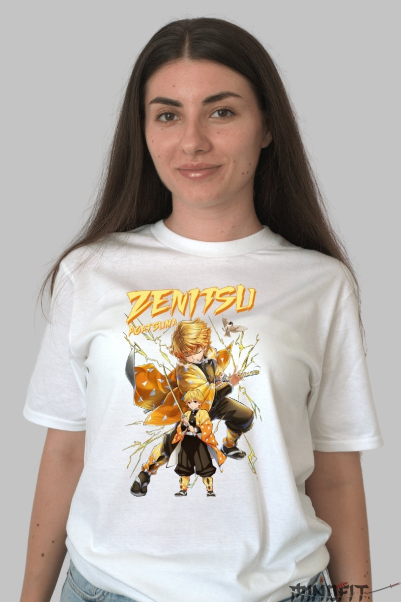 Tricou Anime Demon Slayer - Zenitsu Agatsuma Thunder Mode dama alb