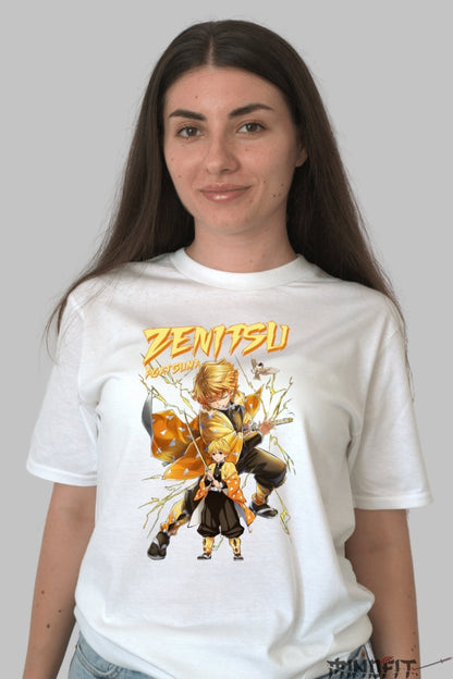 Tricou Anime Demon Slayer - Zenitsu Agatsuma Thunder Mode dama alb