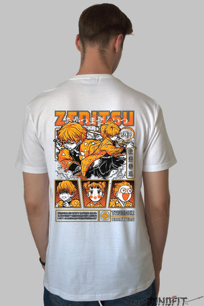 Tricou Anime Demon Slayer - Zenitsu Fulger Total Barbat Alb