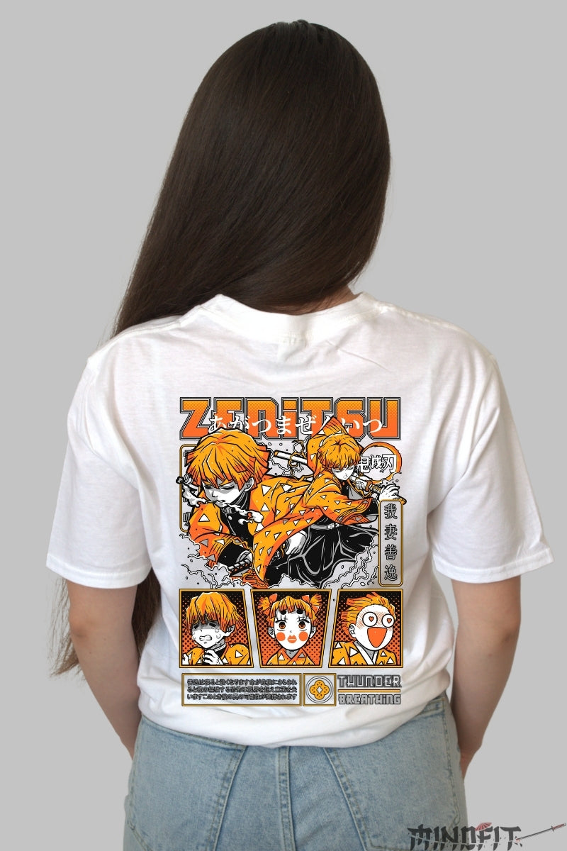 Tricou Anime Demon Slayer - Zenitsu Fulger Total Dama alb