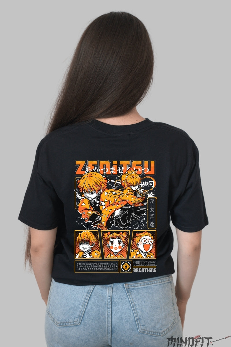 Tricou Anime Demon Slayer - Zenitsu Fulger Total Dama Negru