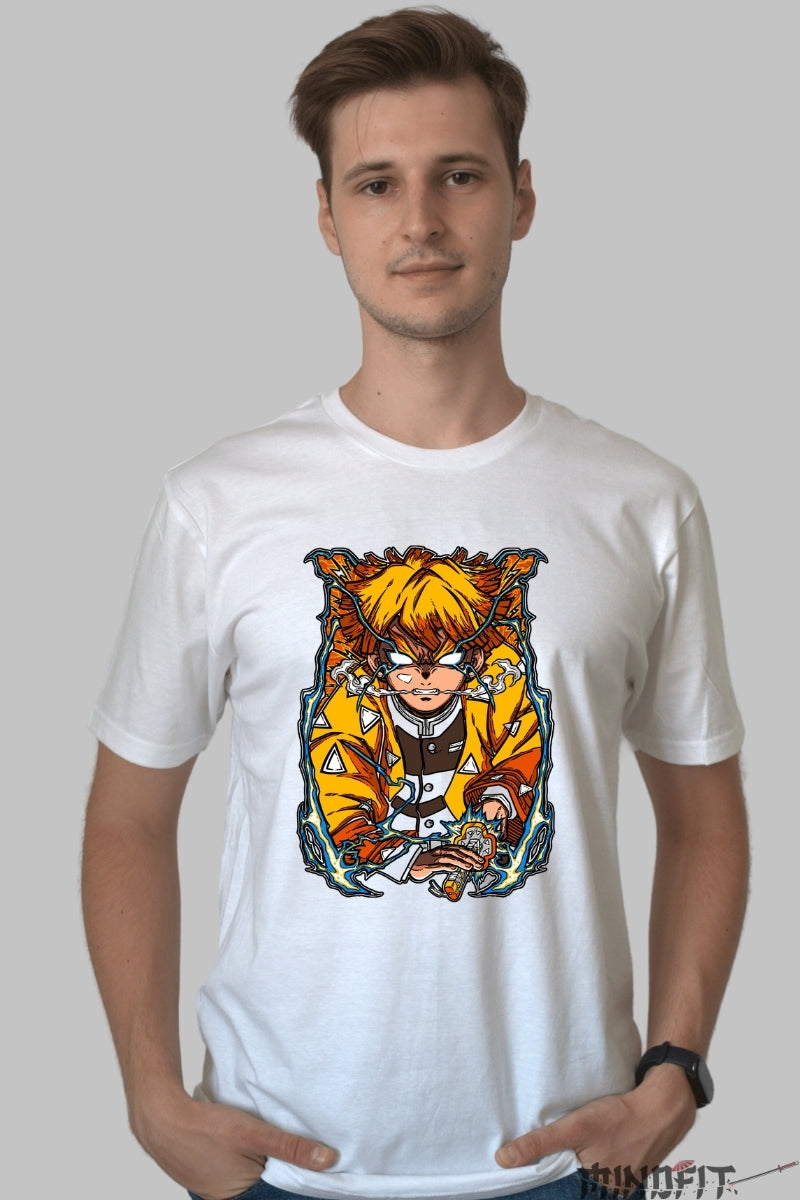 Tricou Anime Demon Slayer - Zenitsu Thunder Awakening barbat alb