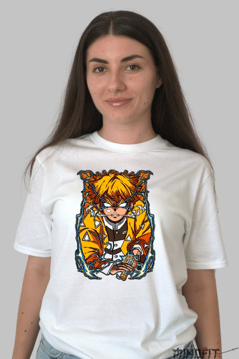 Tricou Anime Demon Slayer - Zenitsu Thunder Awakening dama alb