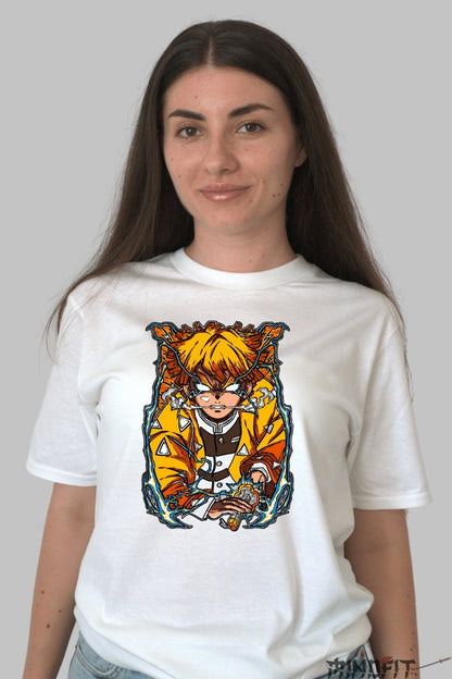 Tricou Anime Demon Slayer - Zenitsu Thunder Awakening dama alb