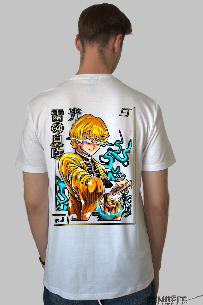 Tricou Anime Demon Slayer - Zenitsu Thunder Fade Barbat Alb
