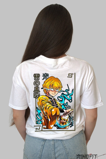 Tricou Anime Demon Slayer - Zenitsu Thunder Fade Dama alb
