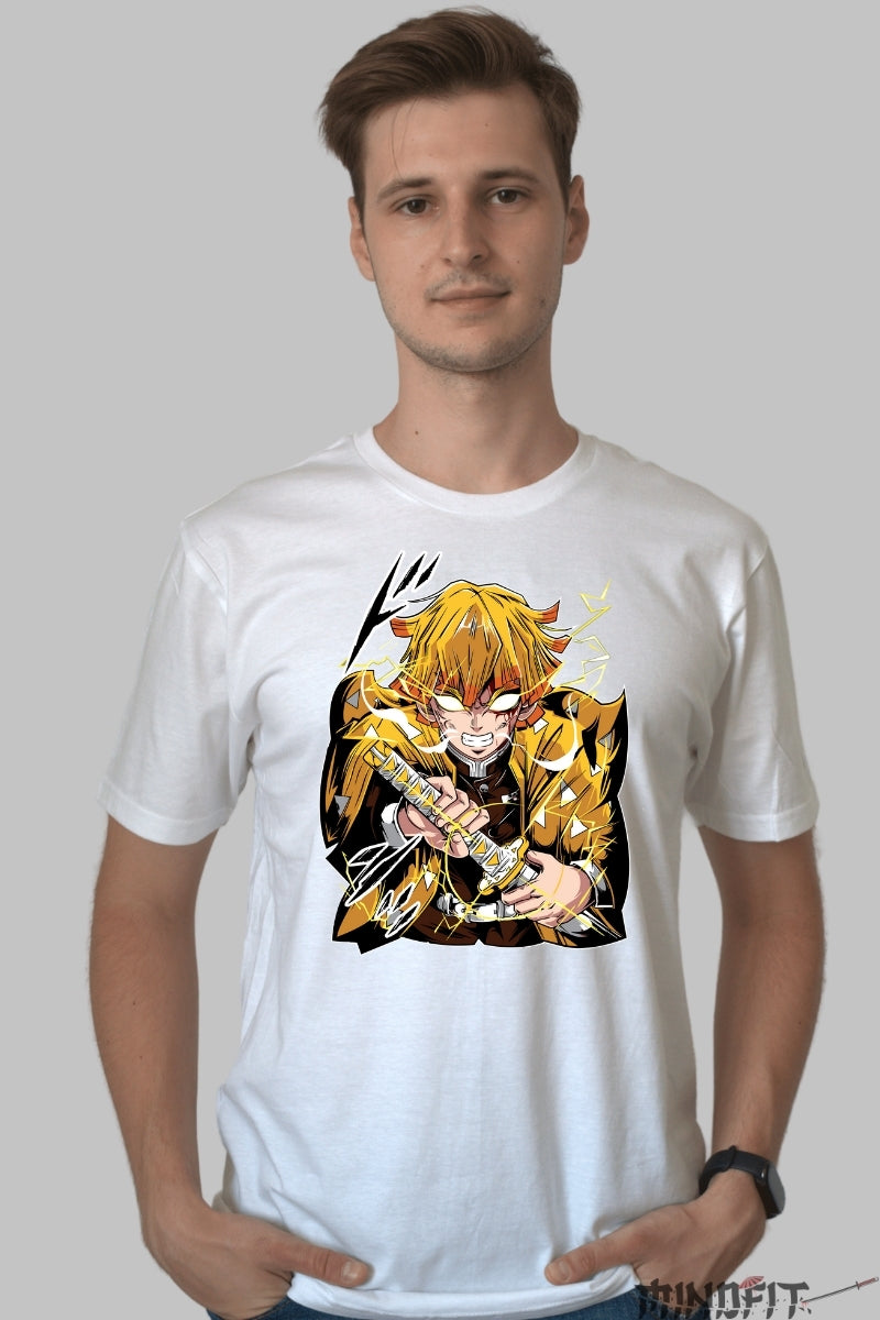 Tricou Anime Demon Slayer - Zenitsu Thunder Rage barbat alb