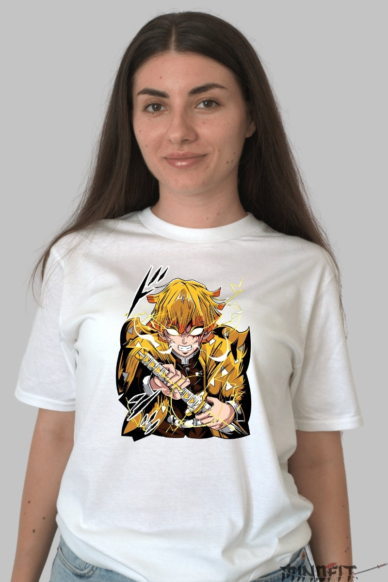 Tricou Anime Demon Slayer - Zenitsu Thunder Rage dama alb