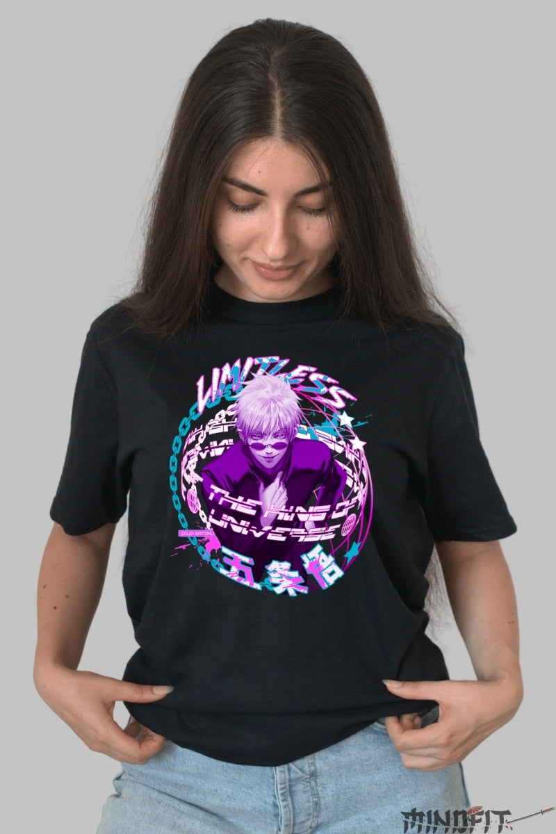 Tricou Anime Jujutsu Kaisen - Gojo Limitless Aura Universala Dama Negru
