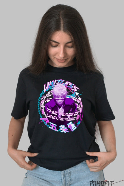Tricou Anime Jujutsu Kaisen - Gojo Limitless Aura Universala Dama Negru