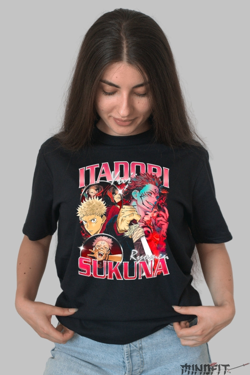 Tricou Anime Jujutsu Kaisen - Itadori vs Sukuna Rivalitate Blestemata Dama Negru
