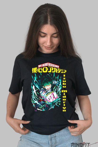Tricou Anime My Hero Academia - Izuku Midoriya Cu Puterea In Foc Dama Negru