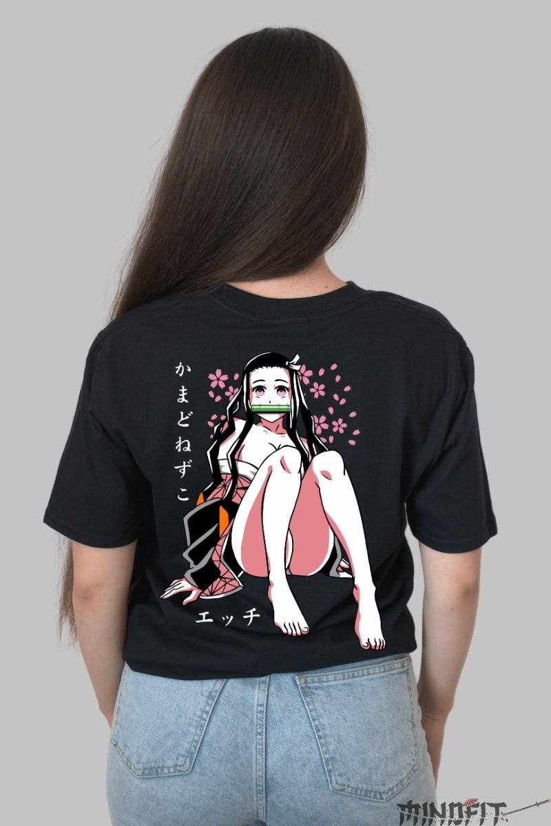 Tricou Anime Nezuko Stil Sakura Demon Dama Negru