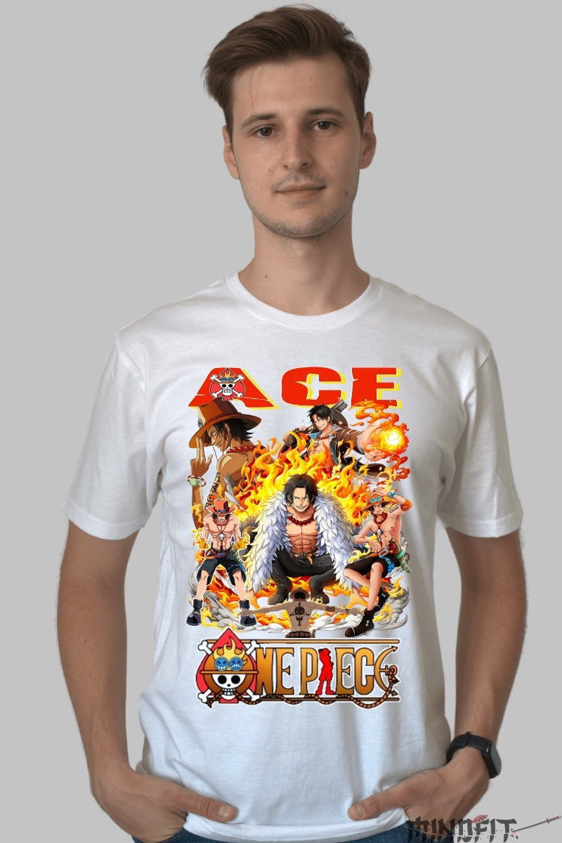 Tricou Anime One Piece - Ace Comandantul Focului barbat alb