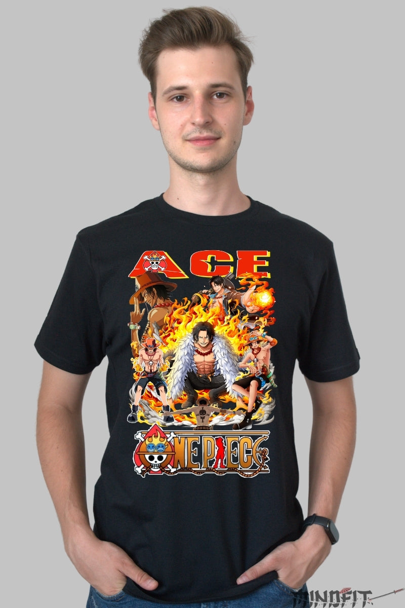 Tricou Anime One Piece - Ace Comandantul Focului barbat negru